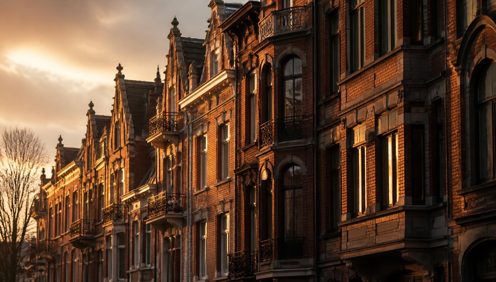 Façades de maisons de ville bruxelloises en briques au coucher du soleil